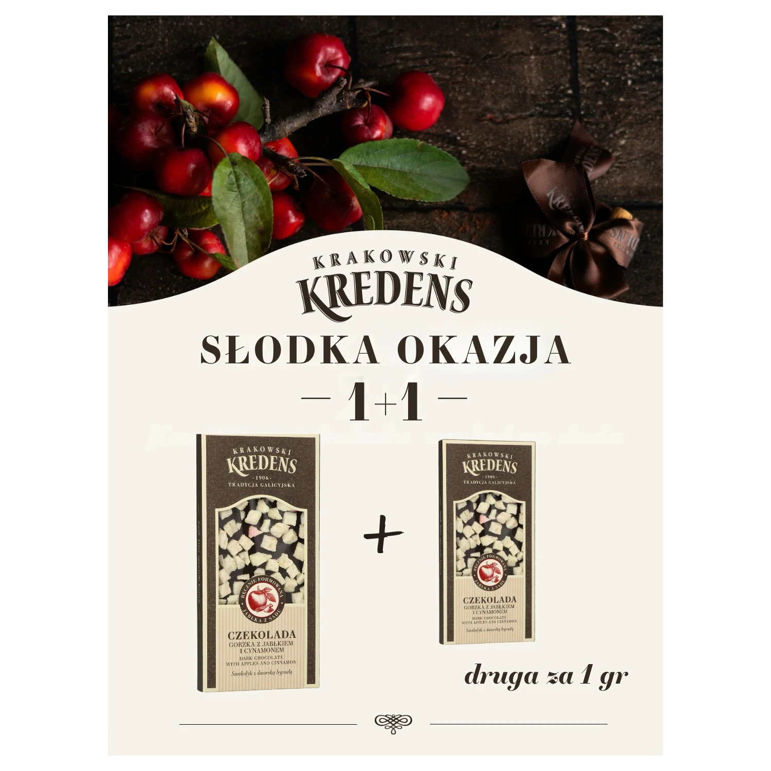 1 + 1 GRATIS Czekolady gorzkie z jabłkiem i cynamonem 85g
